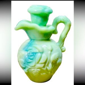Avon Victorian Bath/Oil Pitcher Beauty Vintage Blue/Green Milk Glass Rose Rare